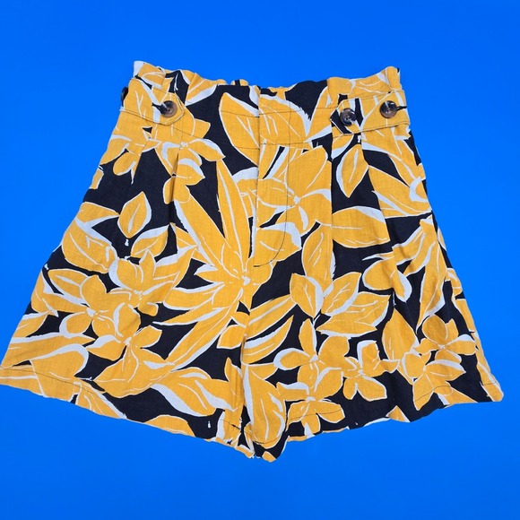 Who What Wear Pants - Who What‎ Wear Floral Linen Shorts High Rise Pleated Paperbag Yellow Black 2